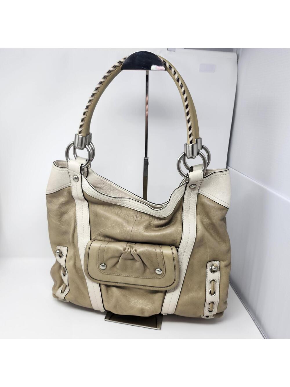B. Makowsky Leather Shoulder Bag Cream Taupe Whipstitch Purse